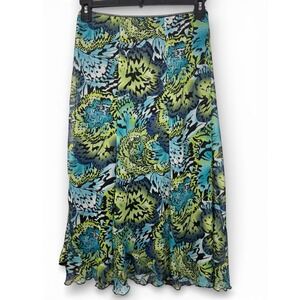 VTG Notations Petite PM Blue Green Butterfly Print Midi Skirt Lettuce‎ Hem